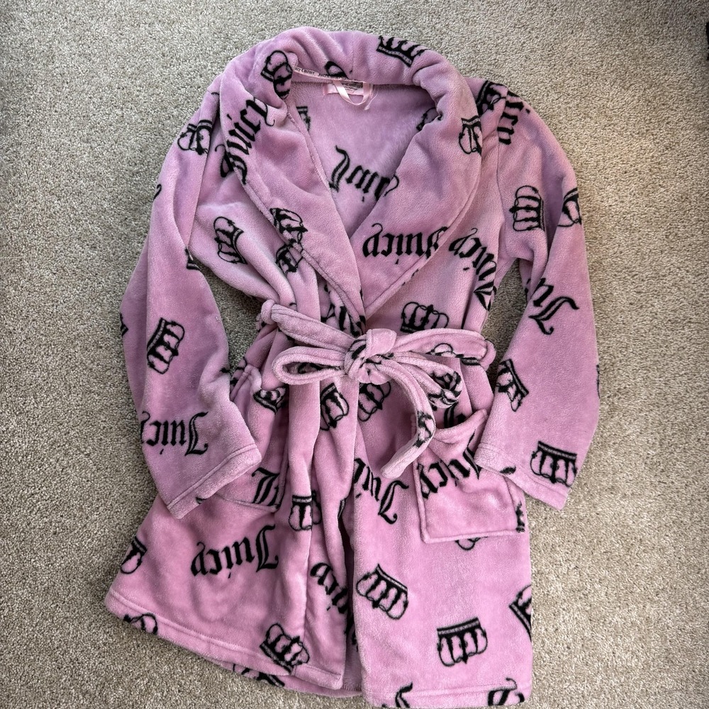 Juicy Couture Robe Womens L/XL Pink Fleece Logo Crown Print Belted Sleepwear